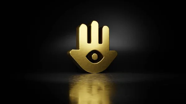 Or métal symbole de hamsa rendu 3D avec réflexion floue sur le sol avec fond sombre Photo De Stock