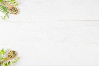 Beyaz arka planda şifalı bitkiler. Üst Manzara. Boşluğu Kopyala. 