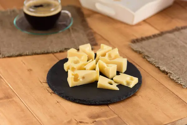 Cheese Slate Plate Wooden Table Cheeses Holes — Stock Photo, Image