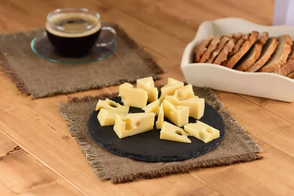 Cheese Slate Plate Wooden Table — Stock Photo, Image