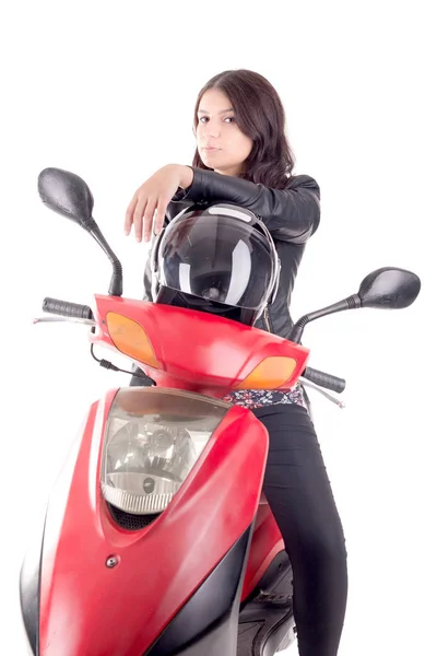 Giovane donna con moto — Foto Stock