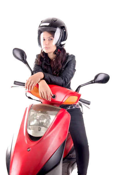 Junge Frau mit Motorrad — Stockfoto