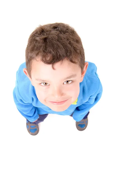 Fröhlicher Junge im blauen Kapuzenpulli — Stockfoto