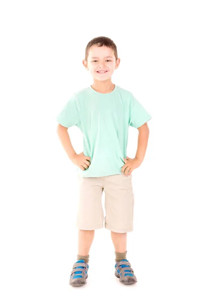 Fröhlicher Junge im Cyan-T-Shirt — Stockfoto