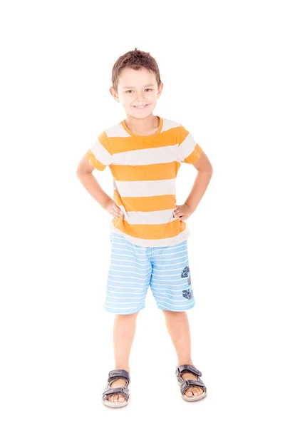 Niño vistiendo pantalones cortos de playa azul — Foto de Stock