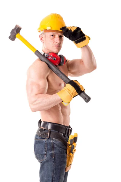 Handsome construction worker posing isolated in white — Stock Photo, Image