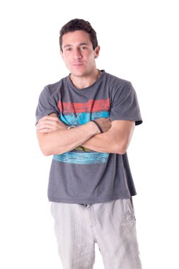 Beyaz arka plan üzerinde izole genç adam poz kısmi görünümünü