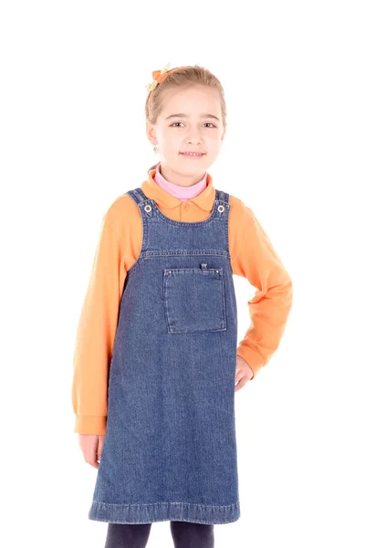 Liten Flicka Klädd Denim Sarafan Och Orange Jumper Isolerad Vit — Stockfoto