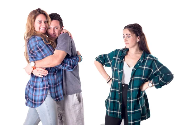 View Man Hugging Girlfriend Brunette Woman Unhappy — Stock Photo, Image