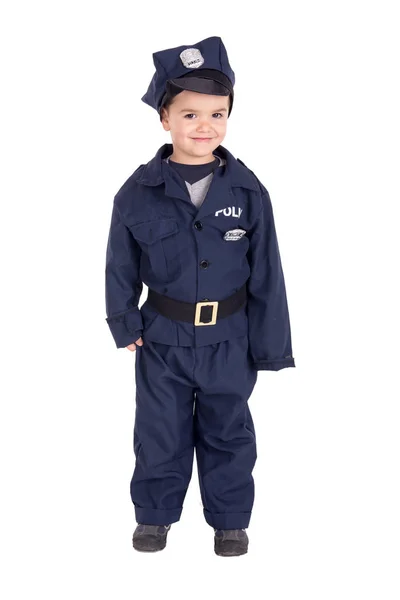 Liten Pojke Klädd För Halloween Polis Kostym Isolerad Vit Bakgrund Stockfoto