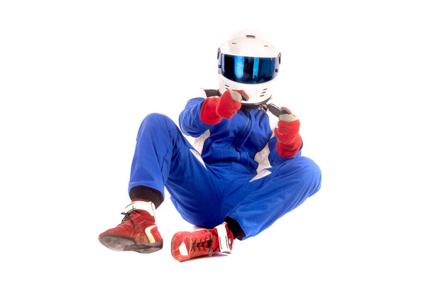 Race car pilot posing isolated 