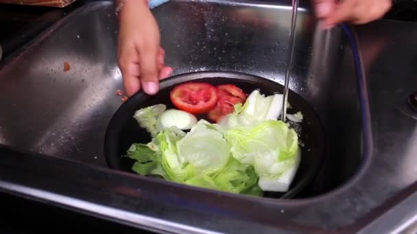 Washing Colorful Fruits Vegetables Kitchen Sink — Stock Video