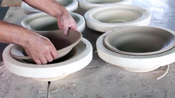 Hands Potter Creating Bowl Using Die Ceramic Polishing Process Hands — Stock Video