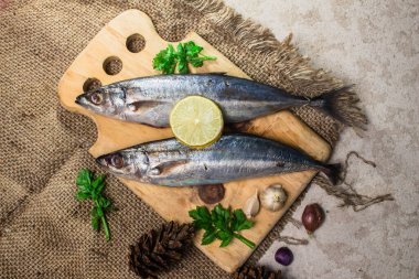 Baharatlı çiğ uskumru, otlar ve yemek pişirme siğili..