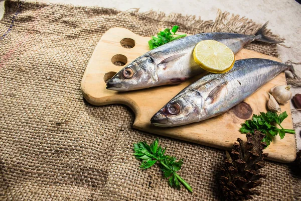 Baharatlı çiğ uskumru, otlar ve yemek pişirme siğili..