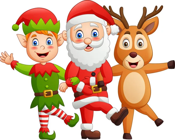 Personagens Engraçados Dos Desenhos Animados Papai Noel Veados Elfos Estilo — Vetor de Stock
