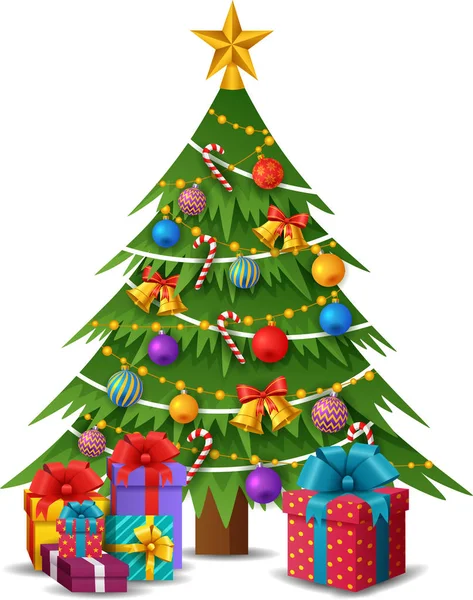 Árbol Navidad Con Decoraciones Cajas Regalo Ilustración Vectorial — Vector de stock