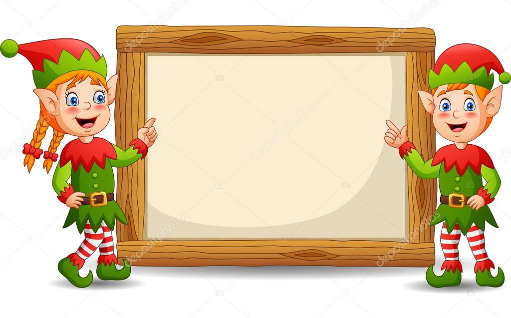 Cartoon elves with signboard your text. Vector illustration