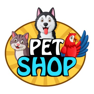 Köpek, kedi ve papağanlı evcil hayvan dükkanı logosu. Vektör illüstrasyonu