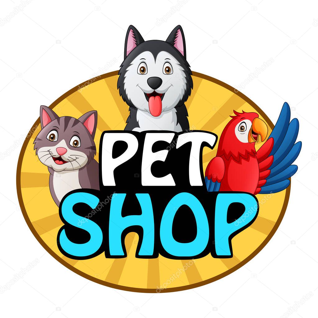 Pets shop logo with dog, cat and parrot. Vector illustration