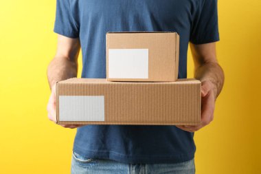 Delivery man hold blank boxes against yellow background, space f