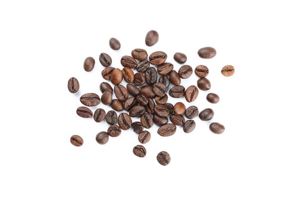Heap of coffee beans isolated on white background, top view