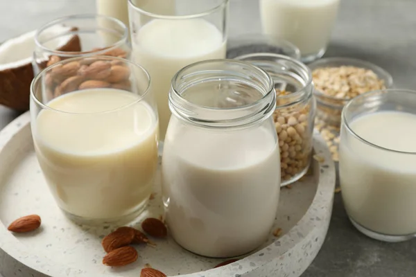 Bottle and glass of different types milk on grey background, spa — Stock Photo, Image