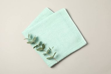 Gri arkaplan üzerinde havlu ve okaliptüs dalı, metin için boşluk