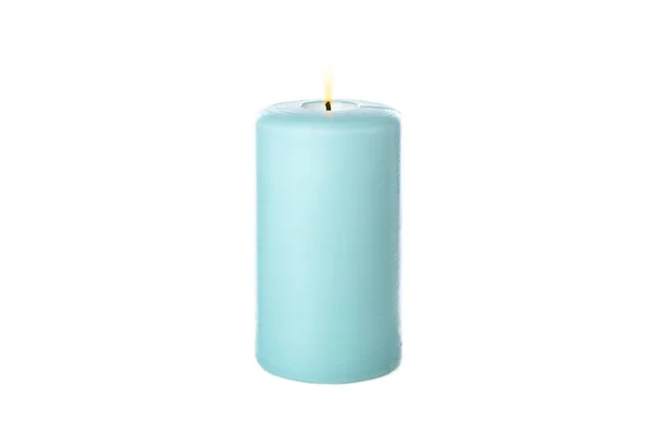 Синя горіння свічка ізольована на білому тлі — стокове фото
