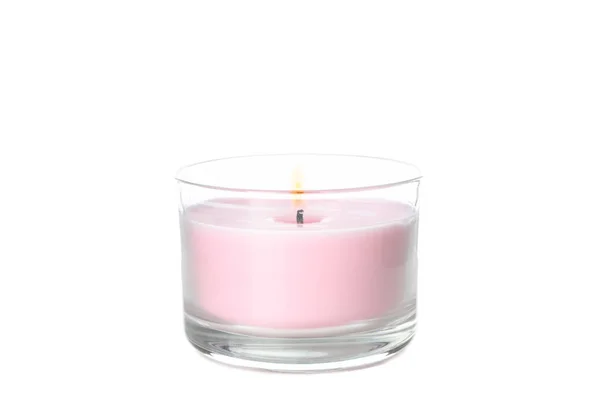 Roze brandende kaars in glazen pot geïsoleerd op witte achtergrond — Stockfoto
