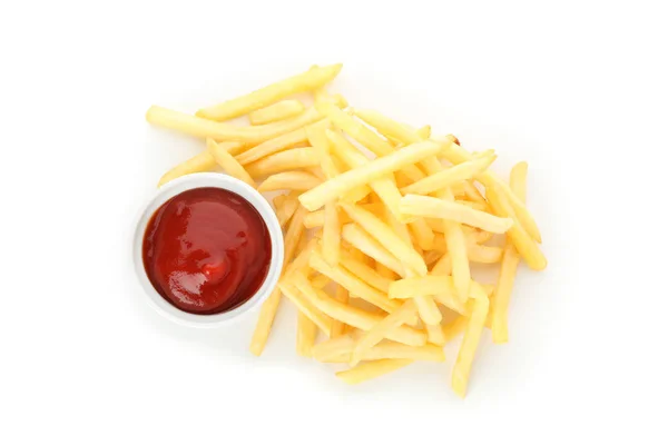 Stack med goda pommes frites, röd sås isolerad på vit bakgro — Stockfoto