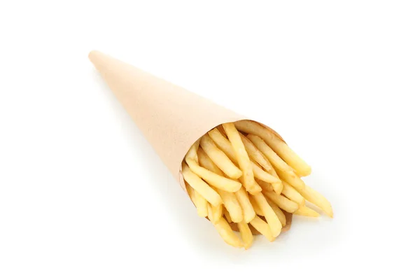 Fette di patatine fritte calde in confezione isolata su backgrou bianco — Foto Stock