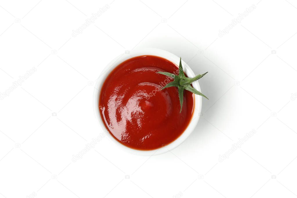 Tasty red sauce in bowl isolated on white background