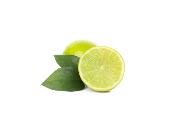 Limes with leaves isolated on white background. Juicy fruits — Stock Photo, Image