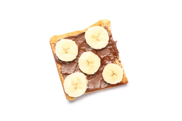 Toast s čokoládovou smetanou a banánovými plátky izolované na bílém b — Stock fotografie