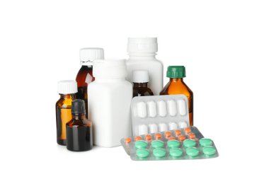 Tıp Şişeler ve beyaz arka plan üzerinde izole hapları