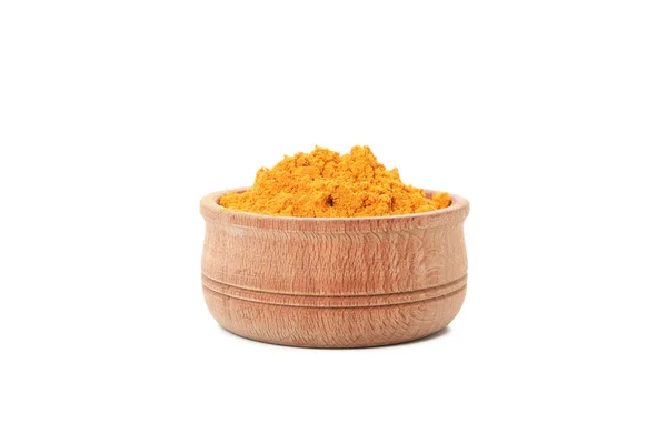 白色背光隔离木碗中的香味姜黄粉 — 图库照片