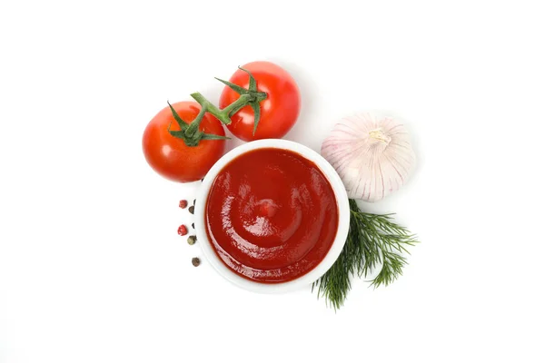 Tasty tomato sauce and ingredients isolated on white background — ストック写真