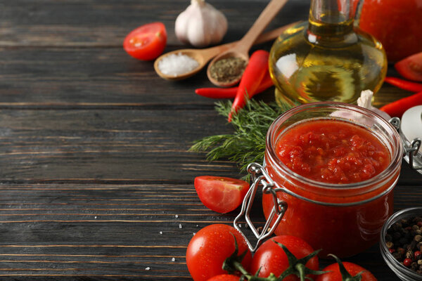 Set of different delicious sauces, garlic, cherry tomatoes, oliv