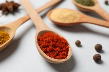 Gri arka planda farklı toz baharatlı kaşıklar, yakın çekim