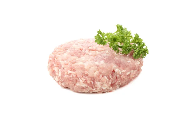Lekker gehakt vlees en krullend peterselie geïsoleerd op witte achtergrond — Stockfoto