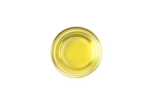 Tigela de vidro com azeite isolado no fundo branco, vista superior — Fotografia de Stock
