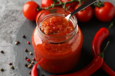 Bir kase kırmızı biber sosu, gri arka planda malzemeler. 