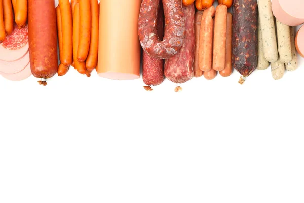 Frame of different sausages isolated on white background, top vi