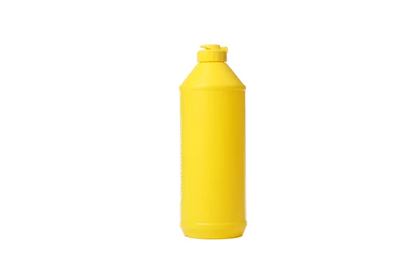 Botol kuning dengan cairan deterjen diisolasi pada latar belakang putih — Stok Foto