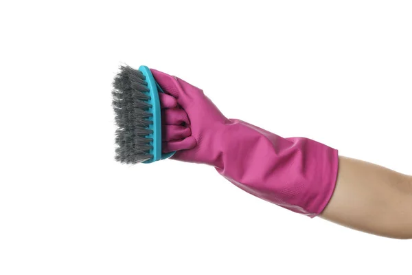 Hand in schoonmaak handschoenenhouderborstel, geïsoleerd op witte achtergrond — Stockfoto