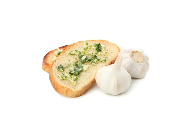 Geroosterd brood plakjes met knoflook geïsoleerd op witte achtergrond — Stockfoto