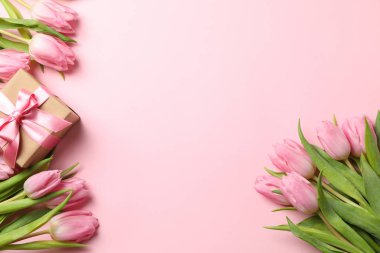 Pembe arka planda güzel laleler ve hediye kutusu, üst manzara.