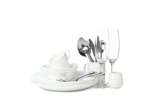Naczynia stołowe i sztućce izolowane na białym tle. Kuchnia. — Zdjęcie stockowe