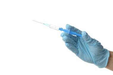 Hand hold medical syringe of vaccine, injection isolated on whit
